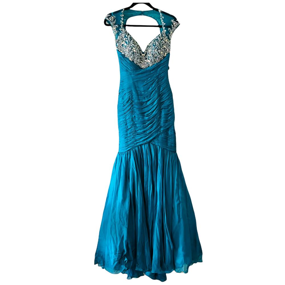 Mac Duggal Silk Teal Beaded Embellished Tulle Gown 64726 Size 4 NEW - Picture 2 of 13